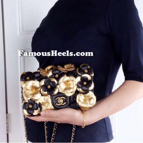 Chanel Flap Bag with Camellia Black and Gold