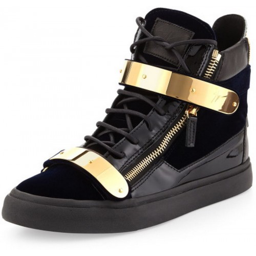 GIUSEPPE ZANOTTI Blue Velvet Hitop Sneaker with Gold Strap Navy