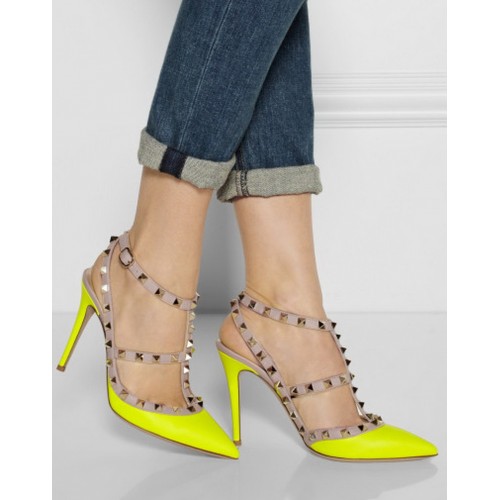 Valentino Rockstud Neon Leather Pumps in Yellow